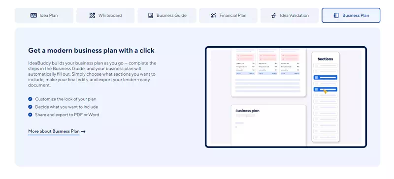 Interface d'IdeaBuddy Business Plan