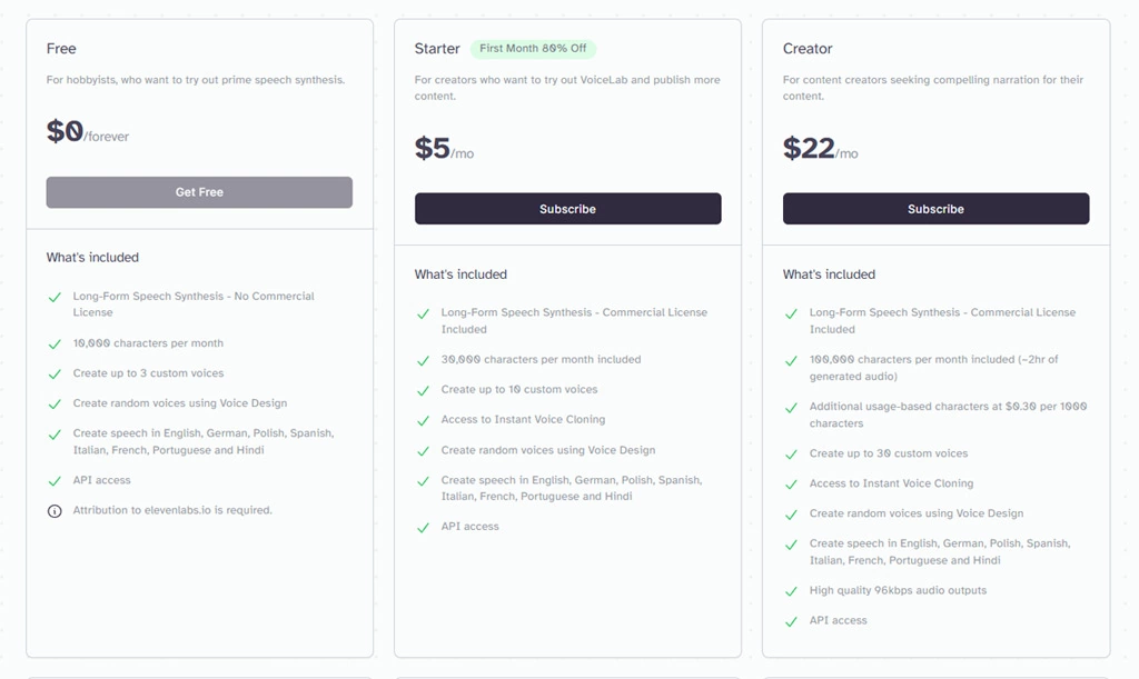 ElevenLabs.io prices and features