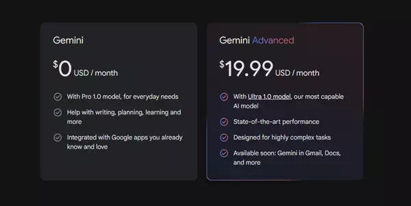 Prices for Gemini Advanced